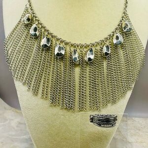 Silver Tone Tassel Fringe Bib Necklace and Matching Stretchy Ring 18 inches